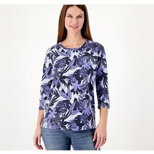 AnyBody Beach Wash French Terry Top Med Indigo Palm XXS A592755 Blue NEW